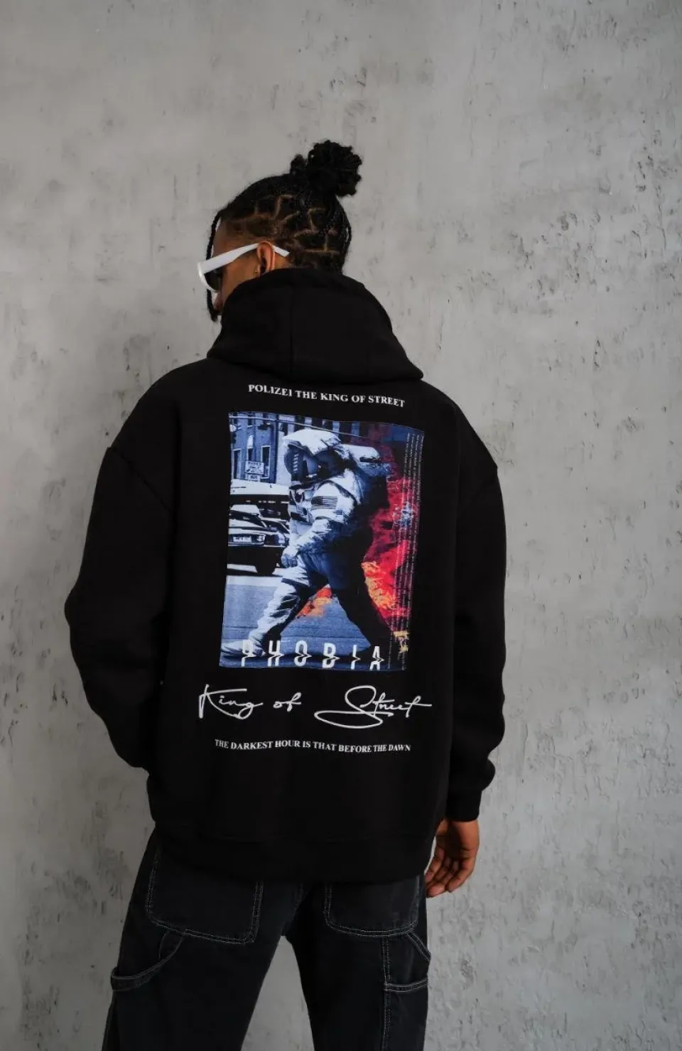 Erkek Astronot Baskılı Kapüşonlu Sweat - Siyah