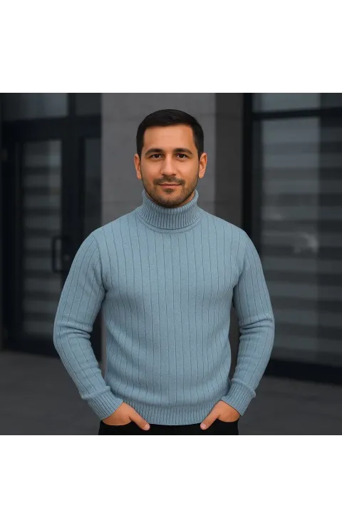 Erkek Balıkcı Yaka Bağazlı Triko Kazak Pamuklu Kalın Fitilli Dokuma, Regular Fit Uzun Kollu Kışlık Model - Bebe Mavisi