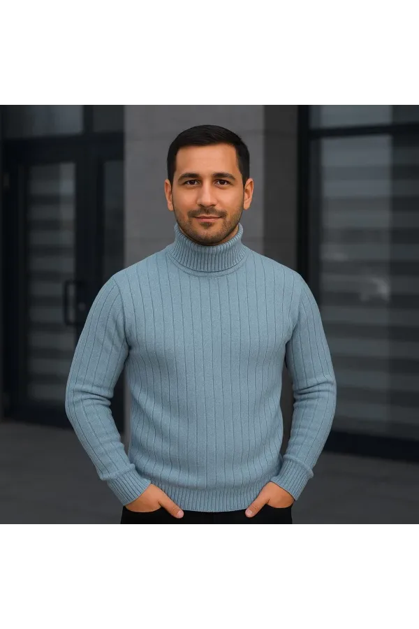 Erkek Balıkcı Yaka Bağazlı Triko Kazak Pamuklu Kalın Fitilli Dokuma, Regular Fit Uzun Kollu Kışlık Model - Bebe Mavisi