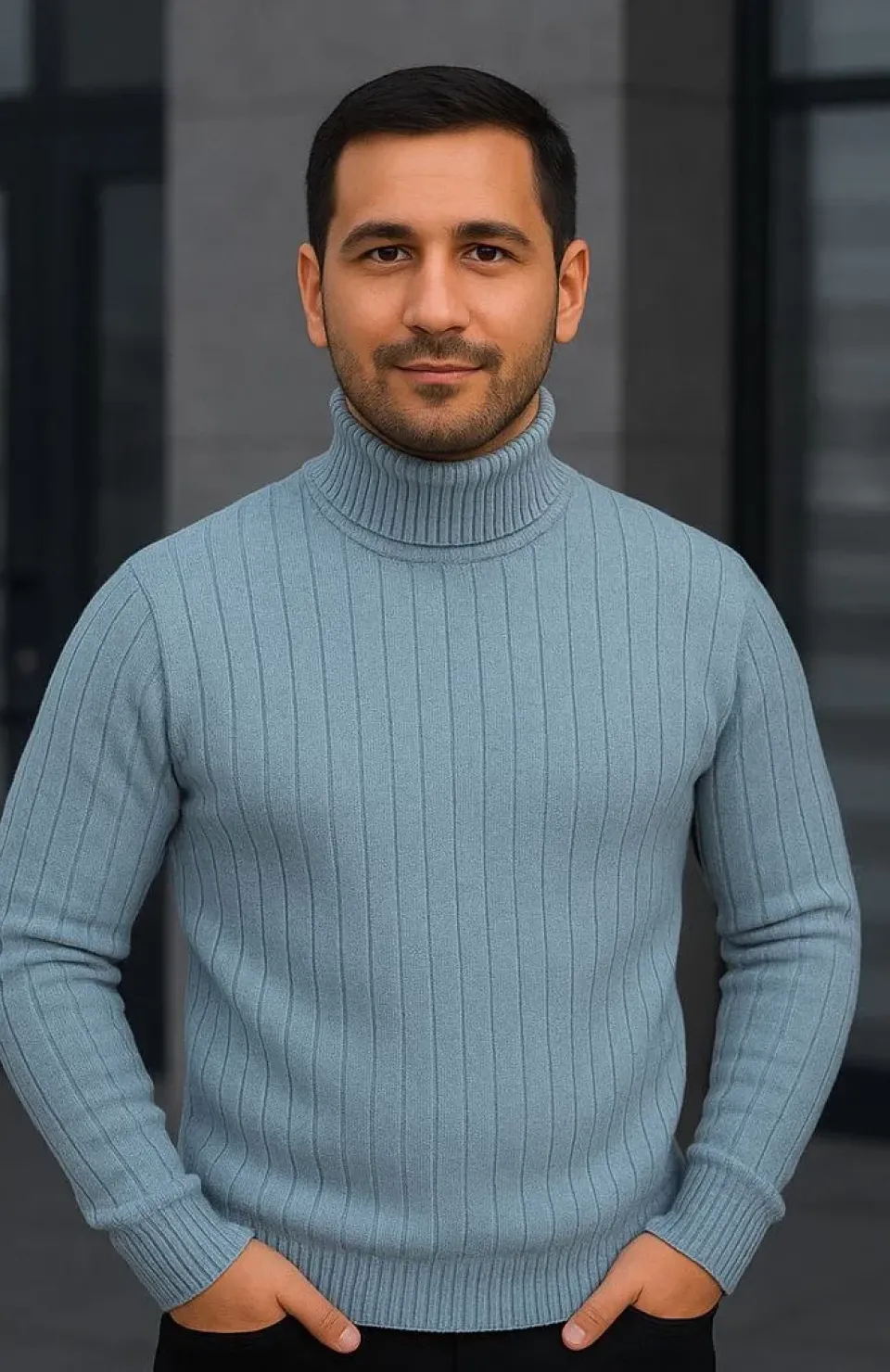 Erkek Balıkcı Yaka Bağazlı Triko Kazak Pamuklu Kalın Fitilli Dokuma, Regular Fit Uzun Kollu Kışlık Model - Bebe Mavisi