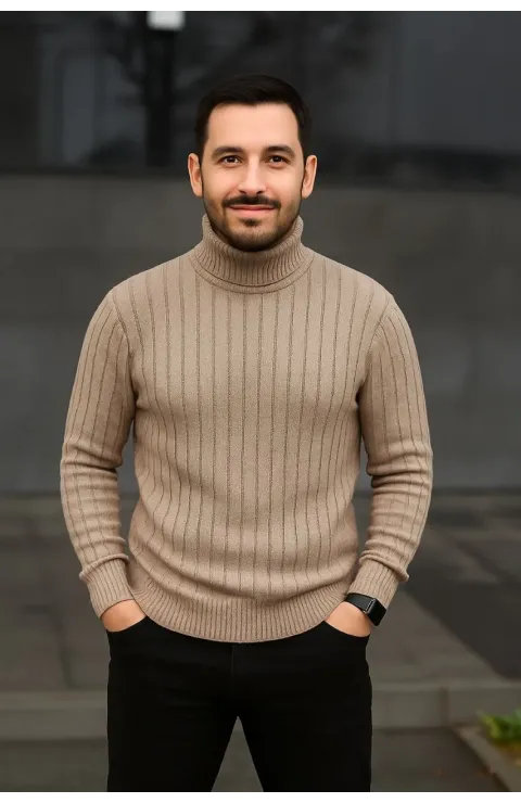 Erkek Balıkcı Yaka Bağazlı Triko Kazak Pamuklu Kalın Fitilli Dokuma, Regular Fit Uzun Kollu Kışlık Model - Bej