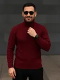 Erkek Balıkcı Yaka Bağazlı Triko Kazak Pamuklu Kalın Fitilli Dokuma, Regular Fit Uzun Kollu Kışlık Model - Bordo