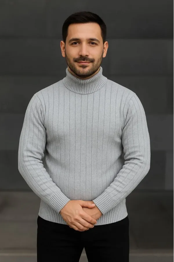 Erkek Balıkcı Yaka Bağazlı Triko Kazak Pamuklu Kalın Fitilli Dokuma, Regular Fit Uzun Kollu Kışlık Model - Gri