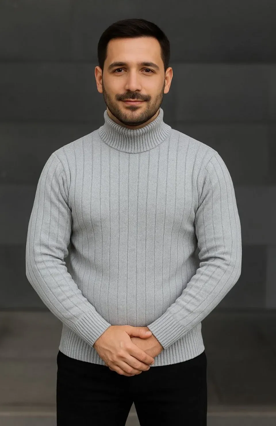 Erkek Balıkcı Yaka Bağazlı Triko Kazak Pamuklu Kalın Fitilli Dokuma, Regular Fit Uzun Kollu Kışlık Model - Gri