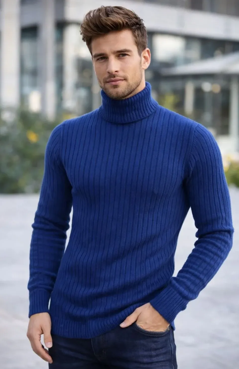 Erkek Balıkcı Yaka Bağazlı Triko Kazak Pamuklu Kalın Fitilli Dokuma, Regular Fit Uzun Kollu Kışlık Model - İndigo Somersan Giyim | Kadın, Erkek ve Çocuk Moda