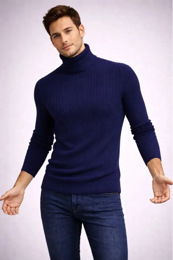 Erkek Balıkcı Yaka Bağazlı Triko Kazak Pamuklu Kalın Fitilli Dokuma, Regular Fit Uzun Kollu Kışlık Model - Lacivert