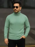 Erkek Balıkcı Yaka Bağazlı Triko Kazak Pamuklu Kalın Fitilli Dokuma, Regular Fit Uzun Kollu Kışlık Model - Mint Yeşili
