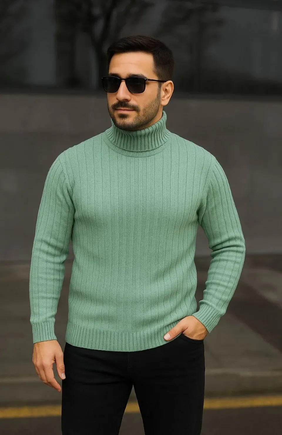 Erkek Balıkcı Yaka Bağazlı Triko Kazak Pamuklu Kalın Fitilli Dokuma, Regular Fit Uzun Kollu Kışlık Model - Mint Yeşili