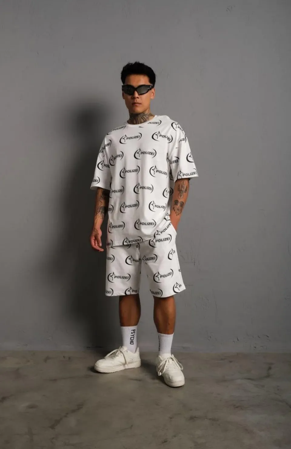 Erkek Baskılı İkili Şortlu Takım - Beyaz