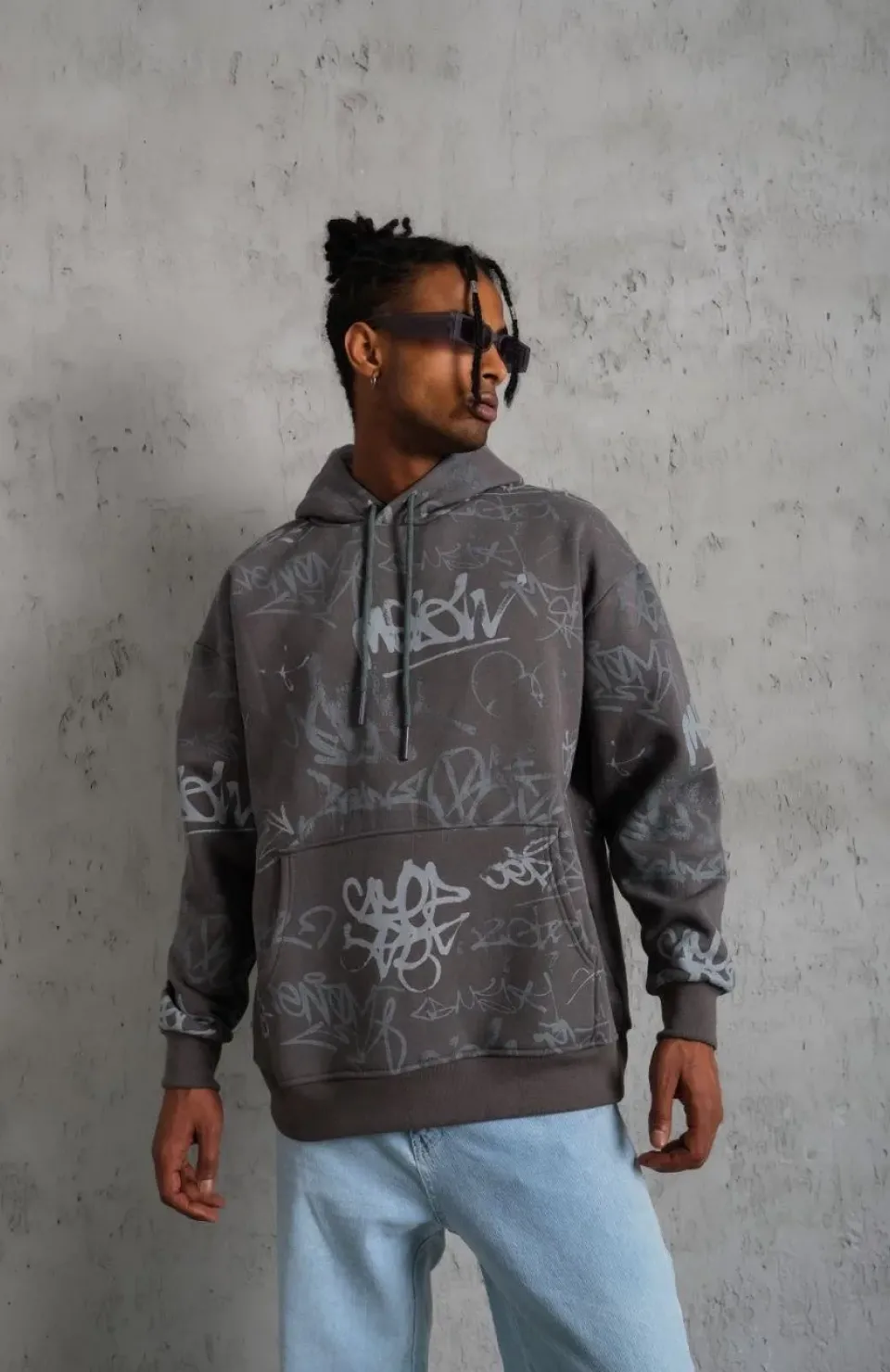 Erkek Baskılı Kapüşonlu Ribanalı Sweat - Gri Somersan Giyim | Kadın, Erkek ve Çocuk Moda