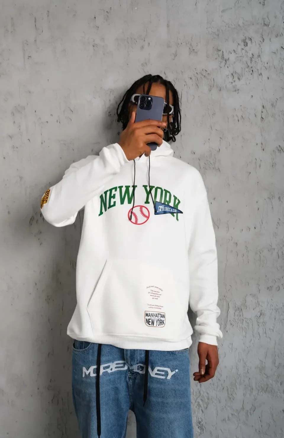 Erkek Baskılı Kapüşonlu Sweatshirt - Beyaz