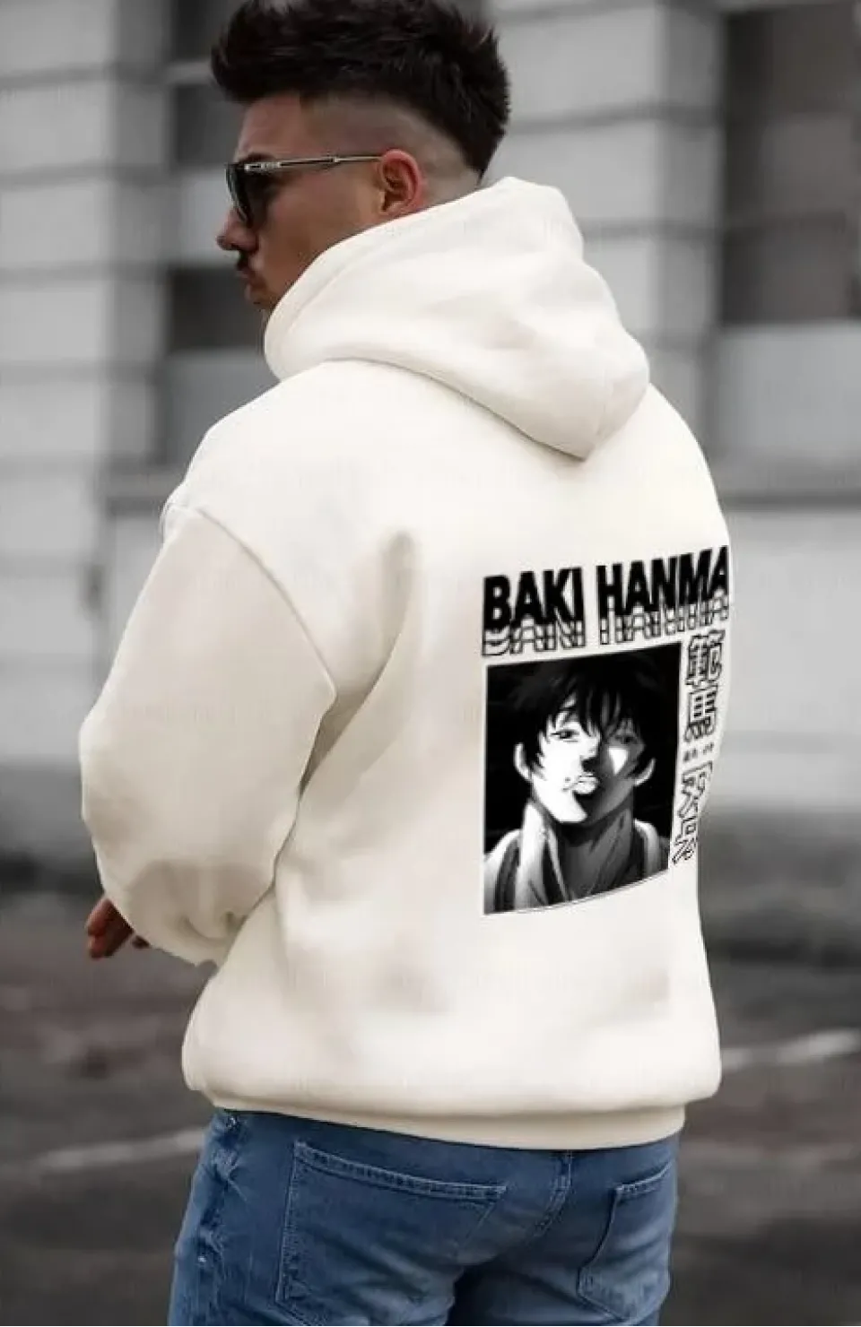 Erkek Baskılı Kapüşonlu ve Kordon İpli Sweat - Beyaz