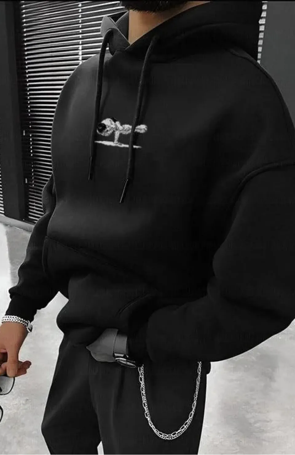 Erkek Baskılı Kapüşonlu ve Kordon İpli Sweat - Siyah Somersan Giyim | Kadın, Erkek ve Çocuk Moda