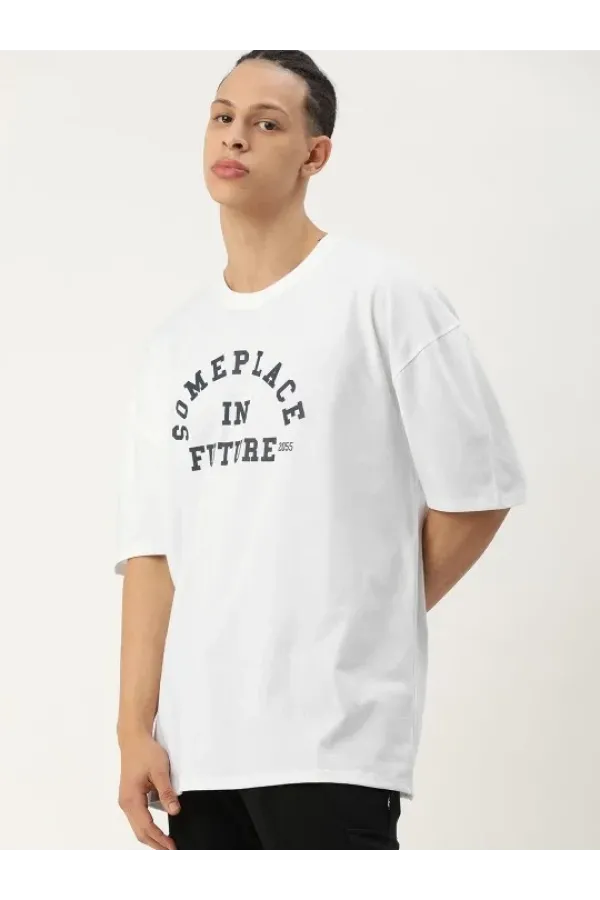 Erkek Baskılı Oversize T-shirt - Beyaz