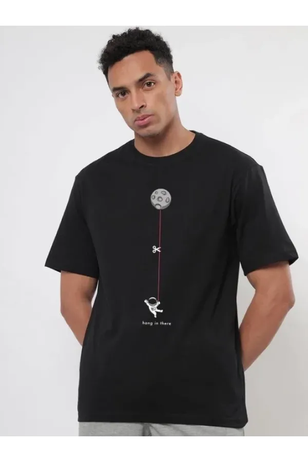 Erkek Baskılı Oversize T-shirt - Siyah