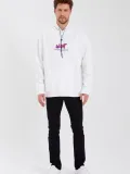 Erkek Baskılı Üç İplik Kapüşonlu Oversize Sweatshirt - Beyaz