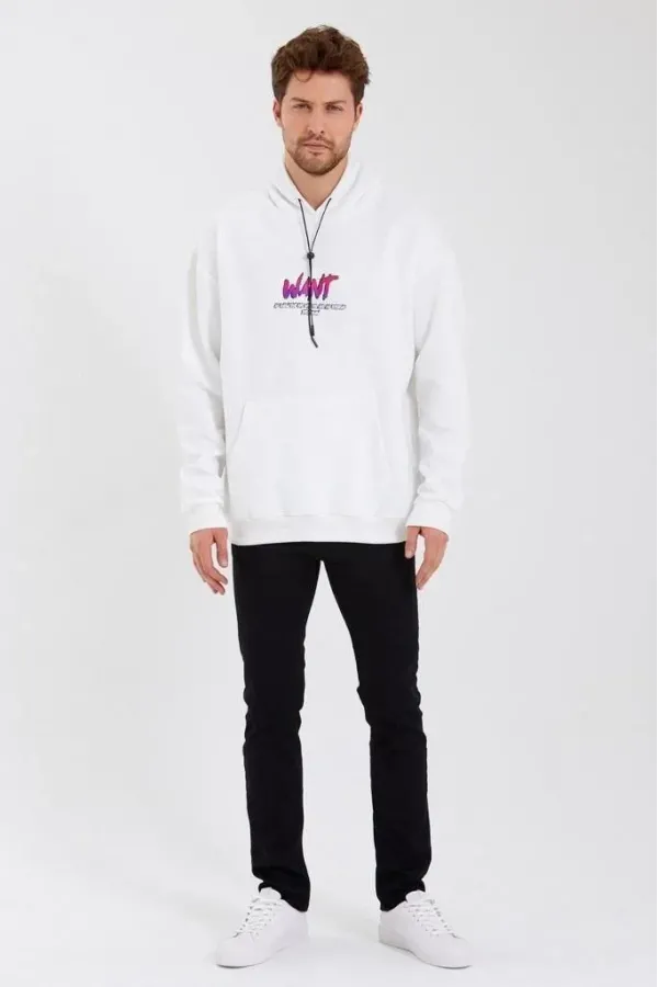Erkek Baskılı Üç İplik Kapüşonlu Oversize Sweatshirt - Beyaz