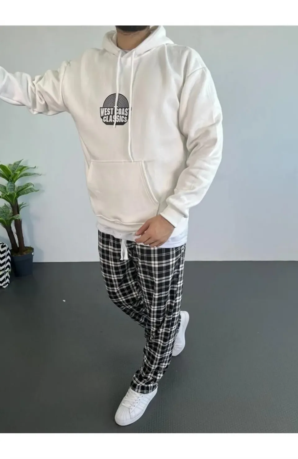 Erkek Baskılı Üç İplik Kapüşonlu Oversize Sweatshirt - Beyaz Somersan Giyim | Kadın, Erkek ve Çocuk Moda