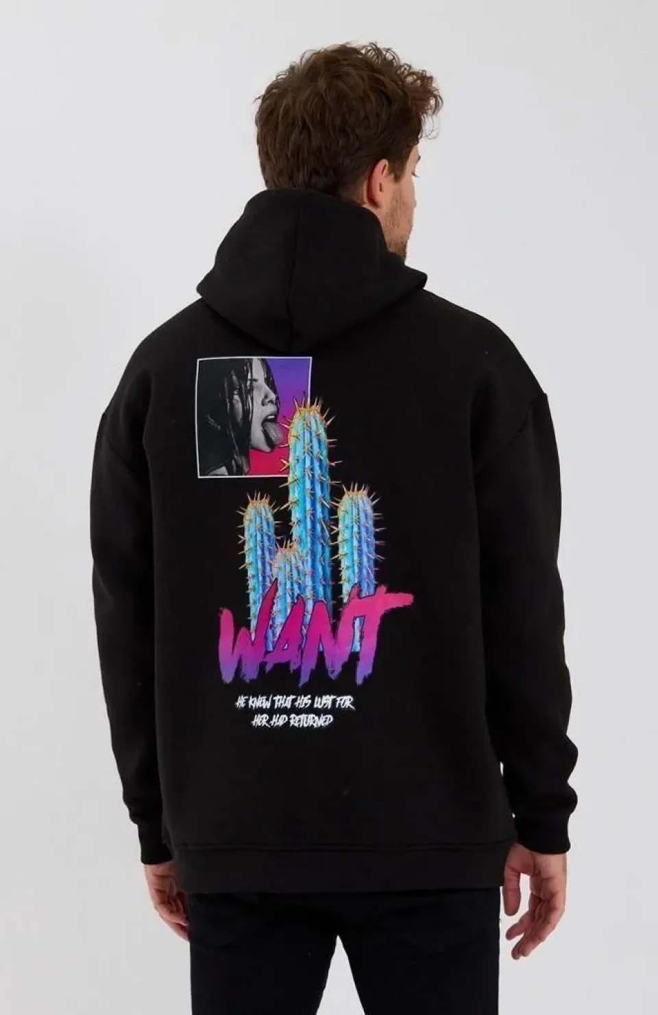 Erkek Baskılı Üç İplik Kapüşonlu Oversize Sweatshirt - Siyah