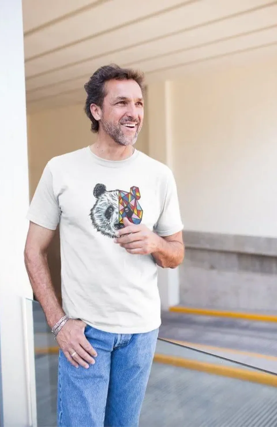 Erkek Bisiklet Yaka Baskılı Oversize T-Shirt - Beyaz