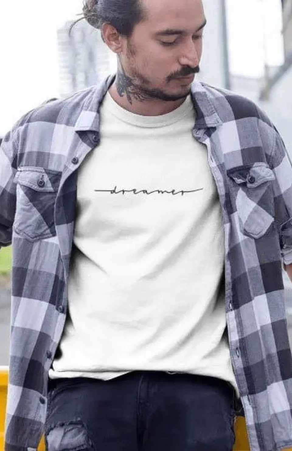 Erkek Bisiklet Yaka Baskılı Oversize T-Shirt - Beyaz