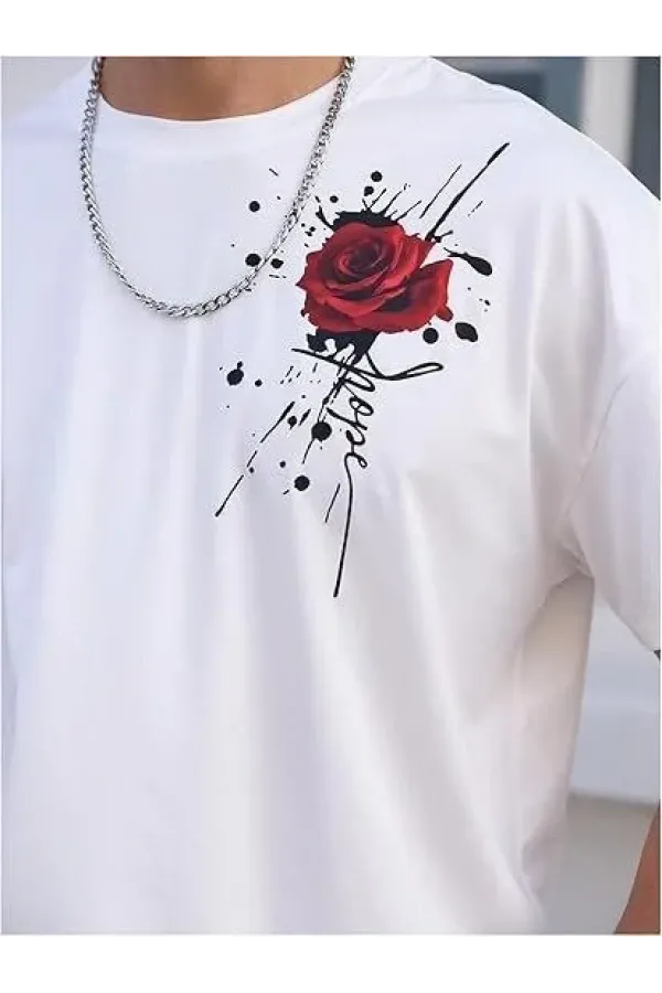 Erkek Bisiklet Yaka Kısa Kol Baskılı T-shirt - Beyaz