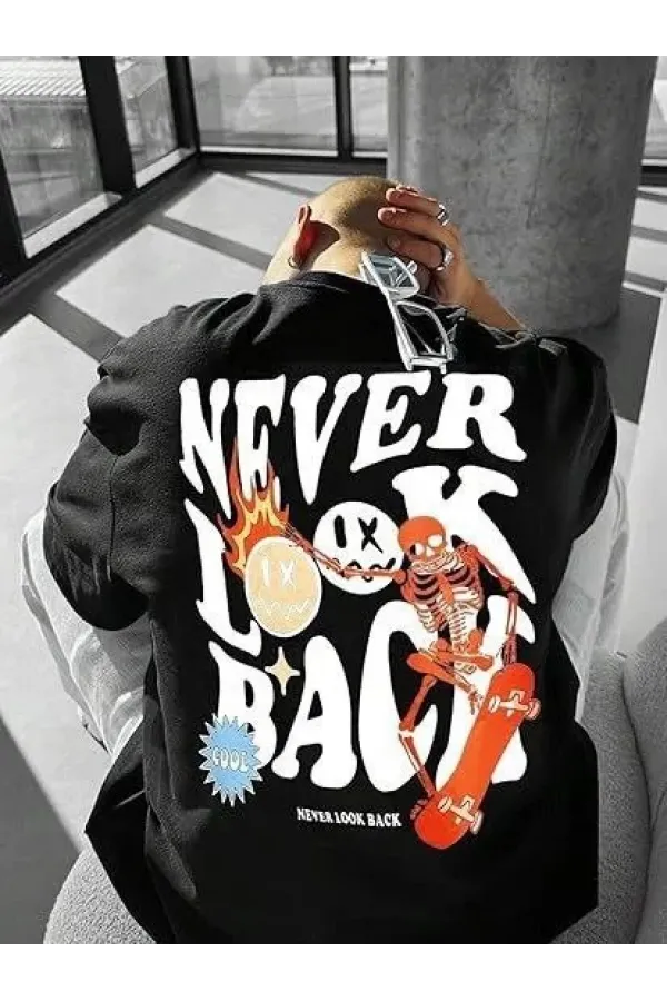 Erkek Bisiklet Yaka Kısa Kol Baskılı T-shirt - Siyah