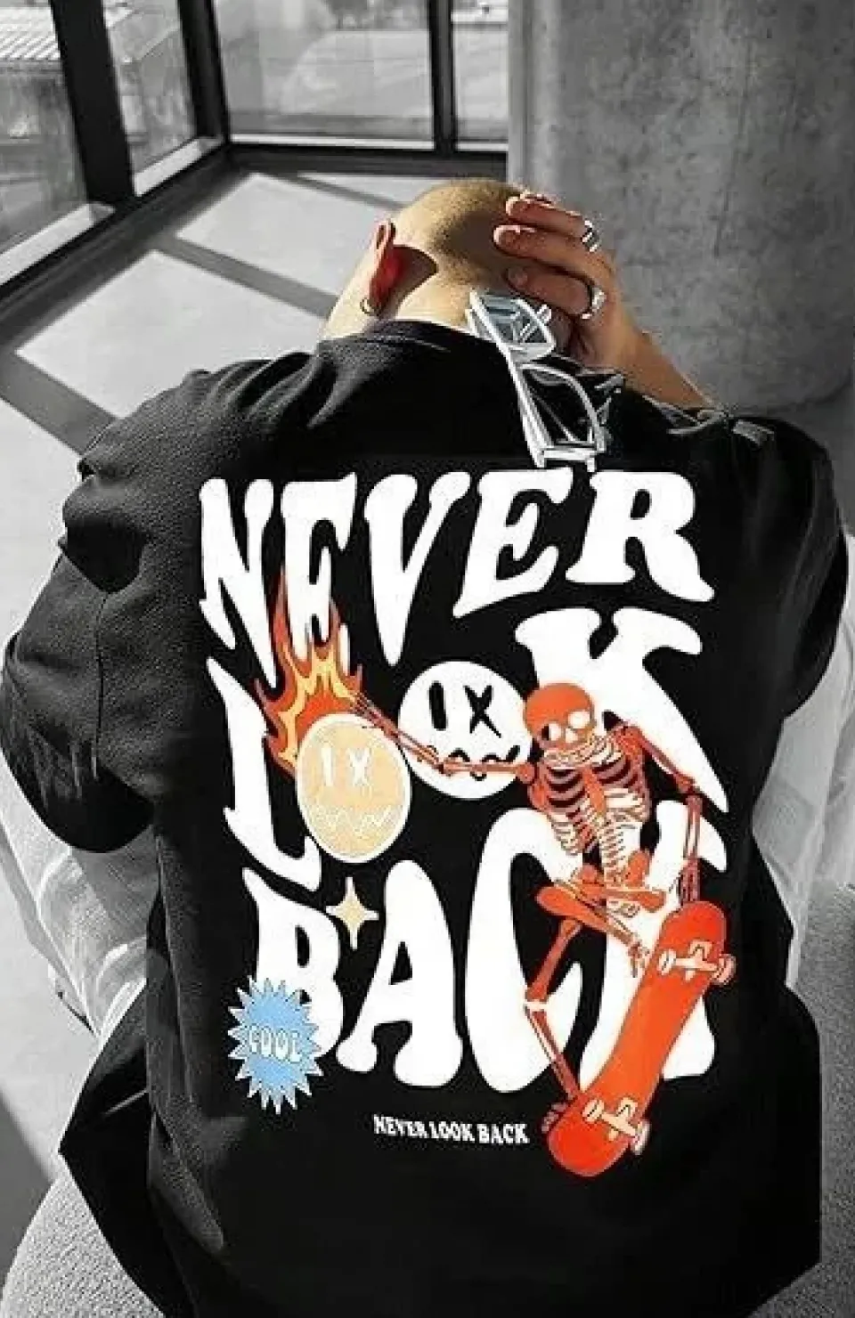 Erkek Bisiklet Yaka Kısa Kol Baskılı T-shirt - Siyah