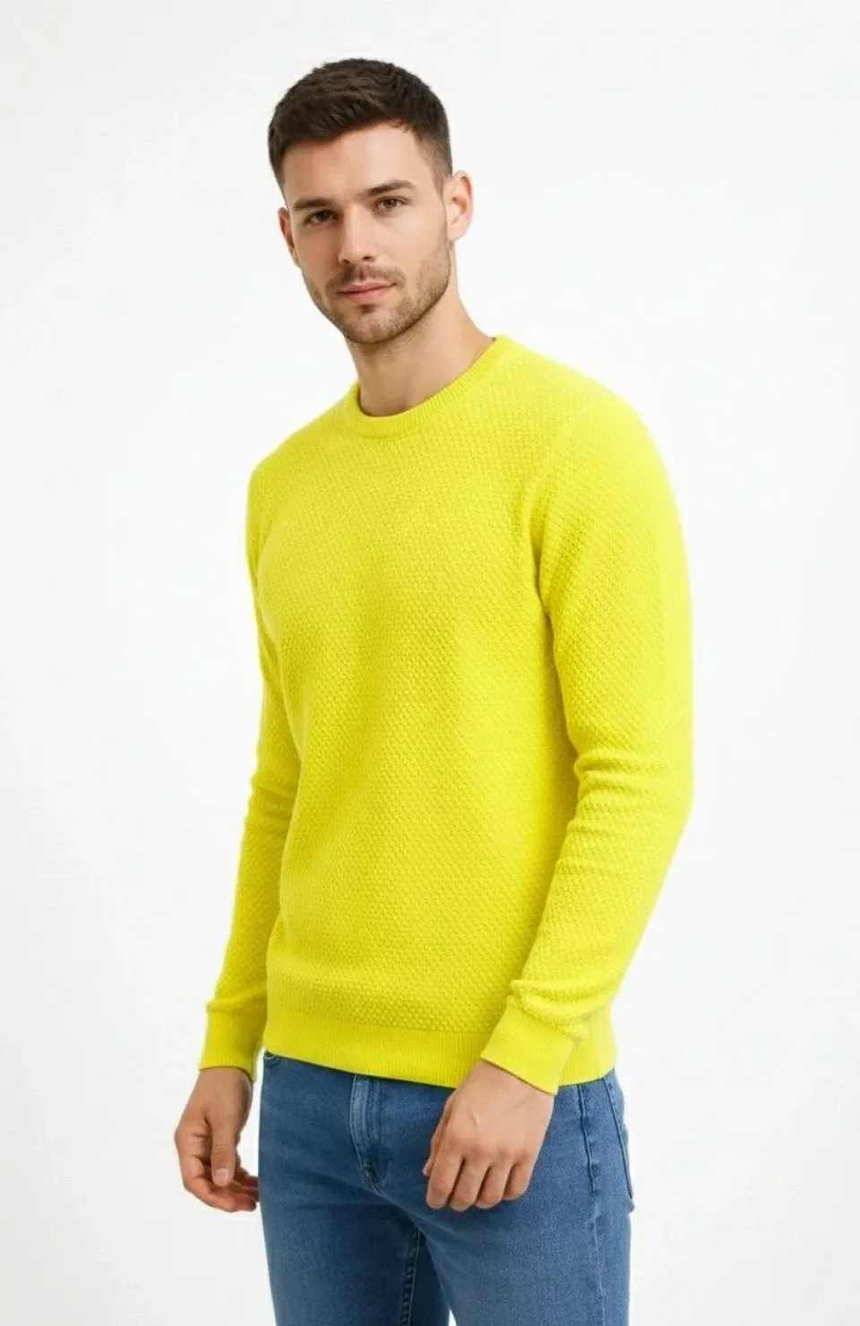 Erkek Bisiklet Yaka Petekli dokulu Triko Kazak Pamuklu ince Dokuma, uzun kollu Rahat Regular kalıp - Sarı Somersan Giyim | Kadın, Erkek ve Çocuk Moda