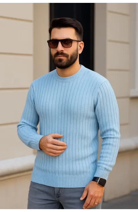 Erkek Bisiklet Yuvarlak Yaka Triko Kazak Pamuklu Kalın Fitilli Dokuma, Regular Fit Uzun Kollu Kışlık Model - Bebe Mavisi