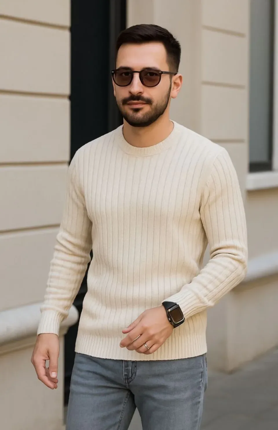 Erkek Bisiklet Yuvarlak Yaka Triko Kazak Pamuklu Kalın Fitilli Dokuma, Regular Fit Uzun Kollu Kışlık Model - Bej