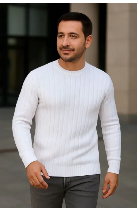 Erkek Bisiklet Yuvarlak Yaka Triko Kazak Pamuklu Kalın Fitilli Dokuma, Regular Fit Uzun Kollu Kışlık Model - Beyaz