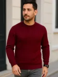 Erkek Bisiklet Yuvarlak Yaka Triko Kazak Pamuklu Kalın Fitilli Dokuma, Regular Fit Uzun Kollu Kışlık Model - Bordo