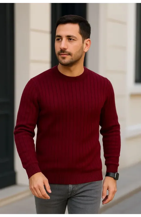 Erkek Bisiklet Yuvarlak Yaka Triko Kazak Pamuklu Kalın Fitilli Dokuma, Regular Fit Uzun Kollu Kışlık Model - Bordo