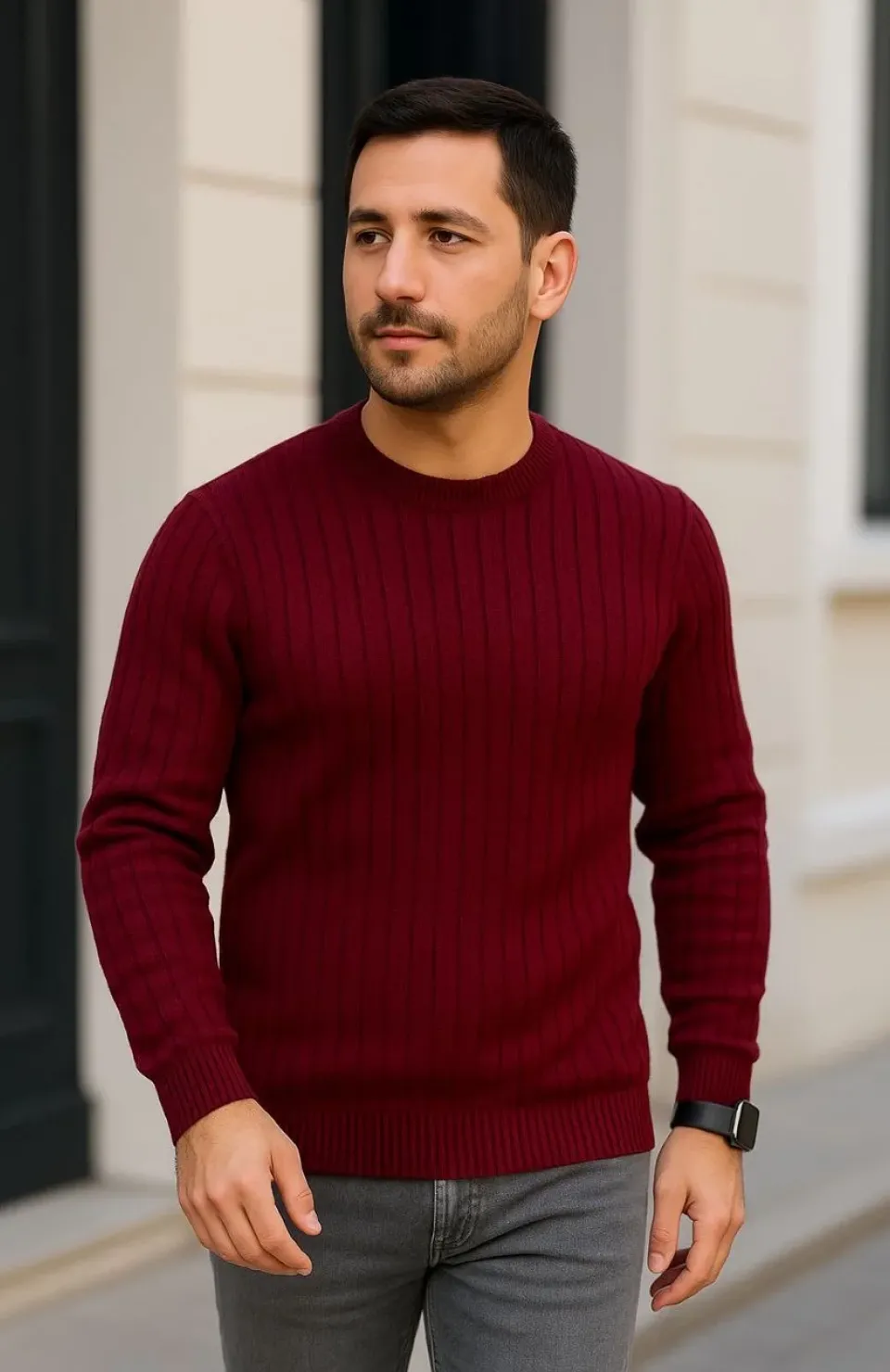 Erkek Bisiklet Yuvarlak Yaka Triko Kazak Pamuklu Kalın Fitilli Dokuma, Regular Fit Uzun Kollu Kışlık Model - Bordo