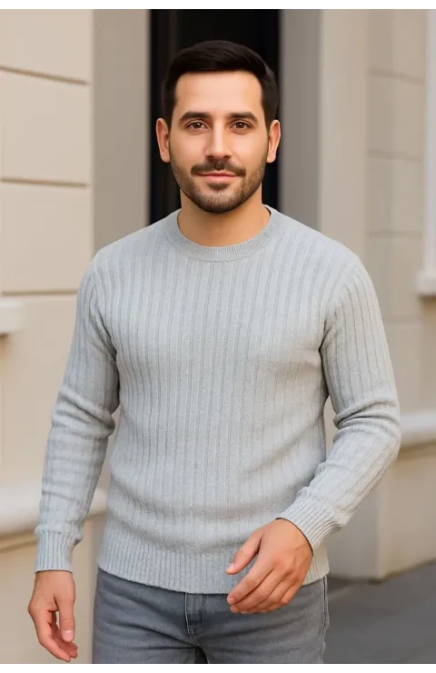 Erkek Bisiklet Yuvarlak Yaka Triko Kazak Pamuklu Kalın Fitilli Dokuma, Regular Fit Uzun Kollu Kışlık Model - Gri