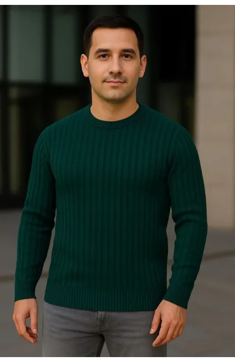 Erkek Bisiklet Yuvarlak Yaka Triko Kazak Pamuklu Kalın Fitilli Dokuma, Regular Fit Uzun Kollu Kışlık Model - Haki