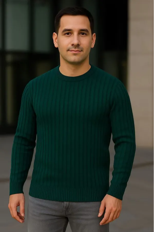 Erkek Bisiklet Yuvarlak Yaka Triko Kazak Pamuklu Kalın Fitilli Dokuma, Regular Fit Uzun Kollu Kışlık Model - Haki