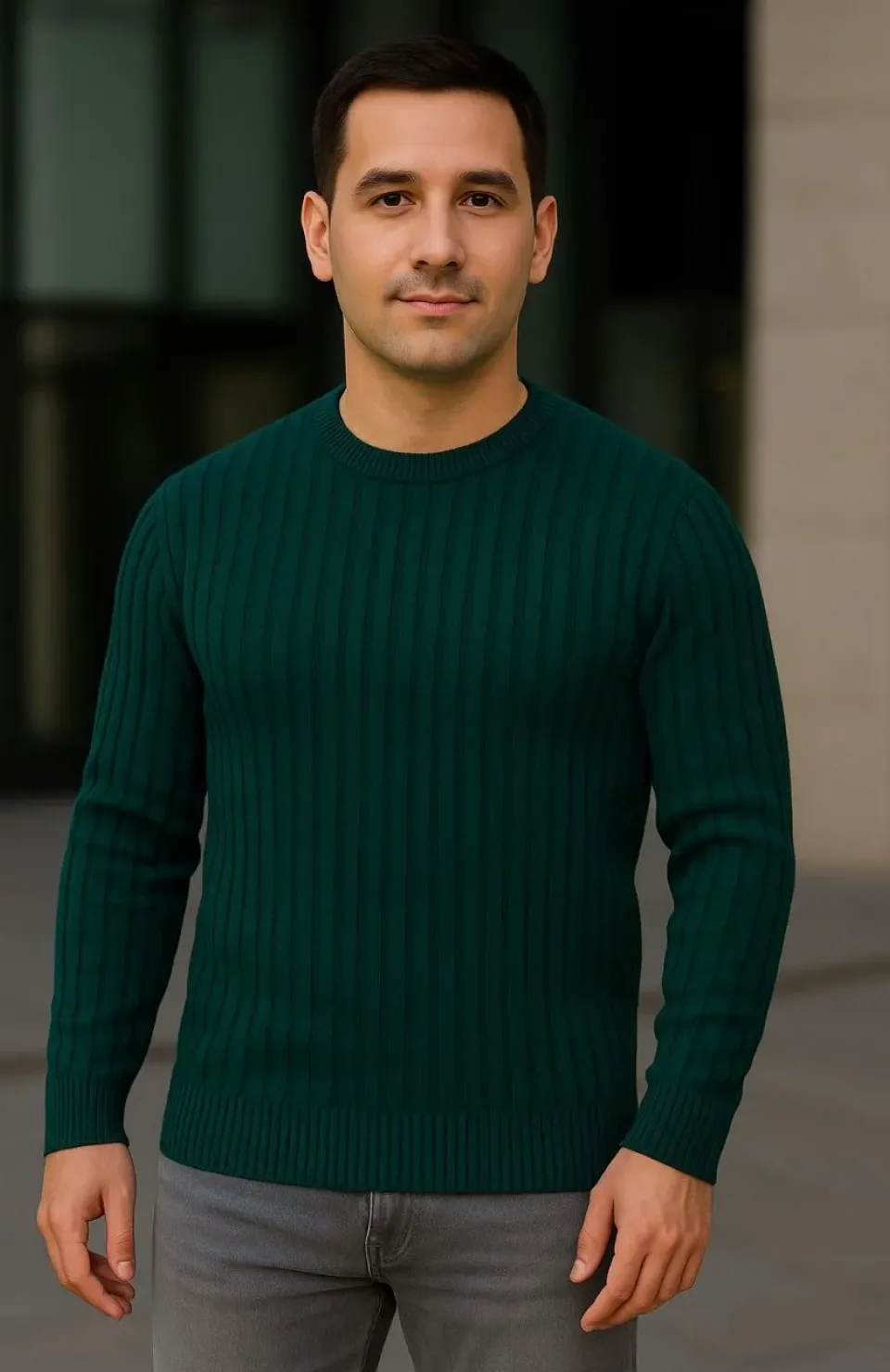 Erkek Bisiklet Yuvarlak Yaka Triko Kazak Pamuklu Kalın Fitilli Dokuma, Regular Fit Uzun Kollu Kışlık Model - Haki