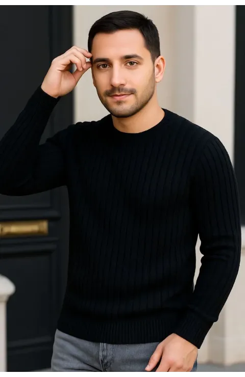 Erkek Bisiklet Yuvarlak Yaka Triko Kazak Pamuklu Kalın Fitilli Dokuma, Regular Fit Uzun Kollu Kışlık Model - Siyah