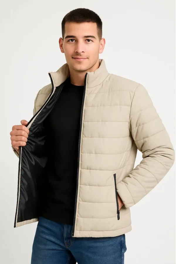 Erkek Bomber Mont Ceket – Su İtici Kumaş, Kapitone Astarlı, Fermuarlı, Kışlık - Bej
