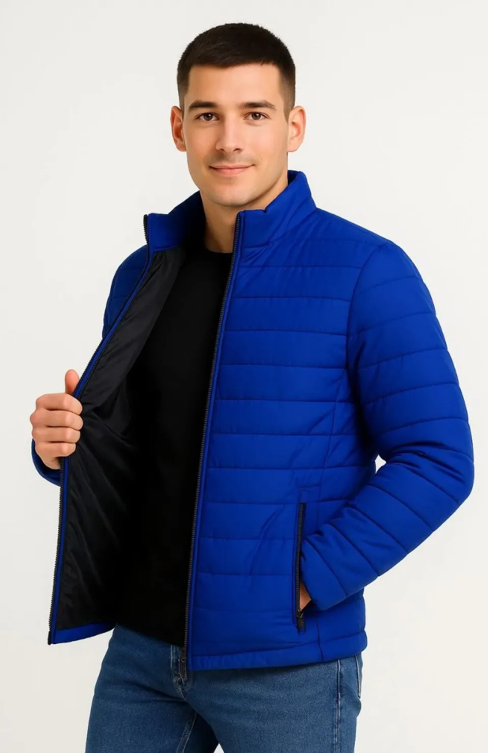 Erkek Bomber Mont Ceket – Su İtici Kumaş, Kapitone Astarlı, Fermuarlı, Kışlık - Saks Mavisi