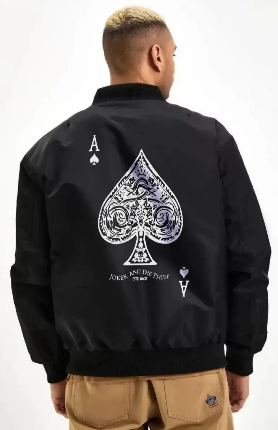 Erkek Bomber Mont – Siyah Renk, Maça Ası Baskılı, Fermuarlı, Cepli, Kapitone Astarlı, Bahar Kış Günlük Mont Ceket - Siyah Somersan Giyim | Kadın, Erkek ve Çocuk Moda