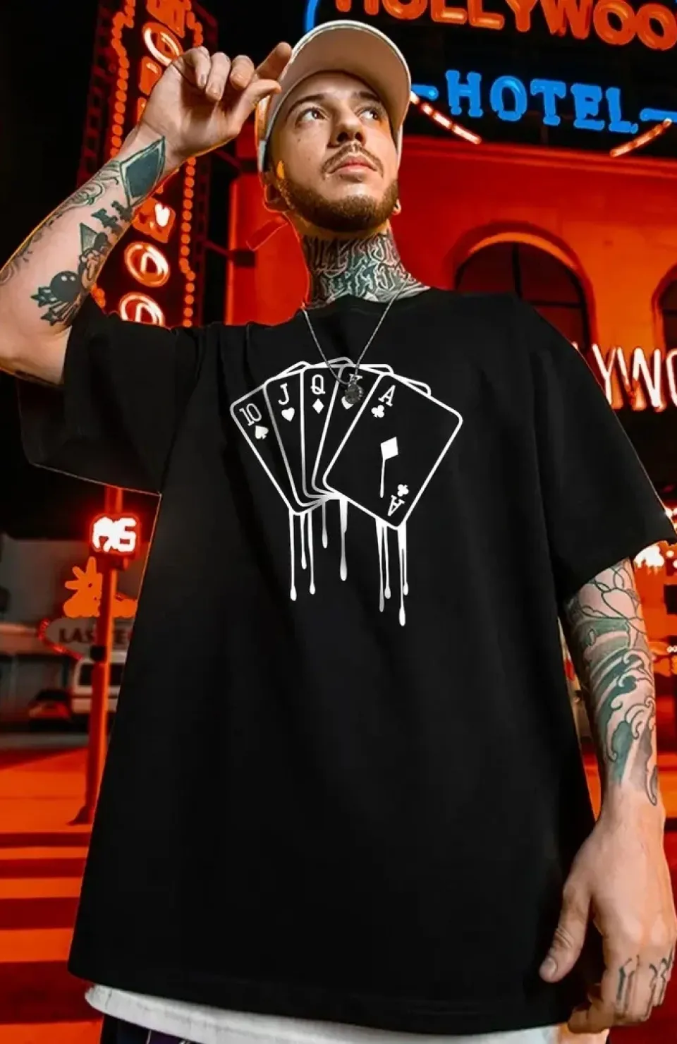 erkek büyük beden Kart baskılı düz renk kısa kollu bisiklet yaka tişört gündelik giyim - Siyah