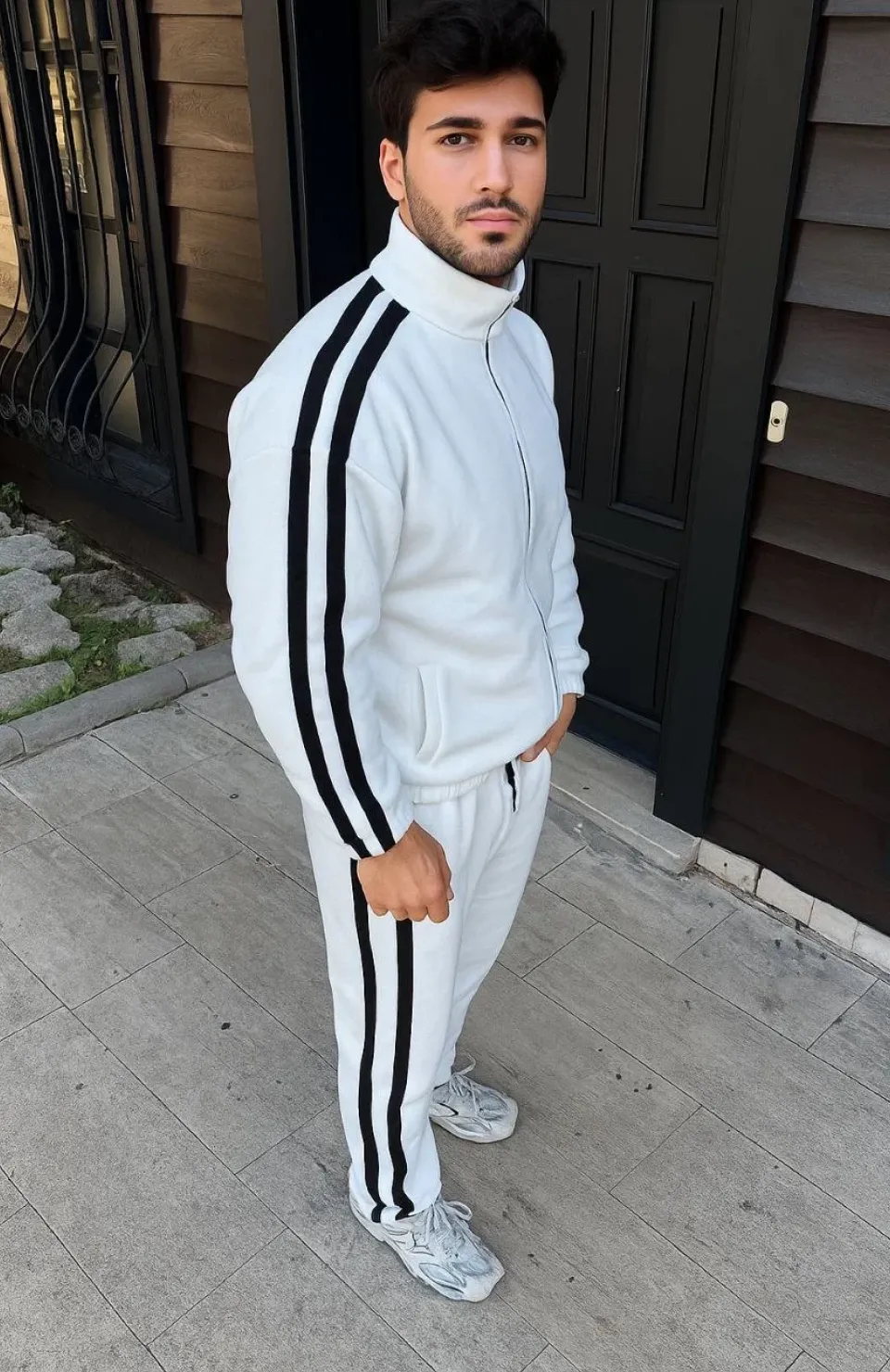 Erkek Çift Şeritli Eşofman Takım Dik Yaka Fermuarlı Sweatshirt Boru Paça Alt, Oversize 3 iplik Pamuklu - Beyaz