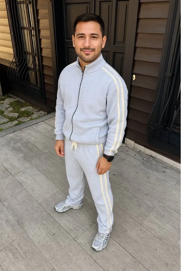 Erkek Çift Şeritli Eşofman Takım Dik Yaka Fermuarlı Sweatshirt Boru Paça Alt, Oversize 3 iplik Pamuklu - Gri