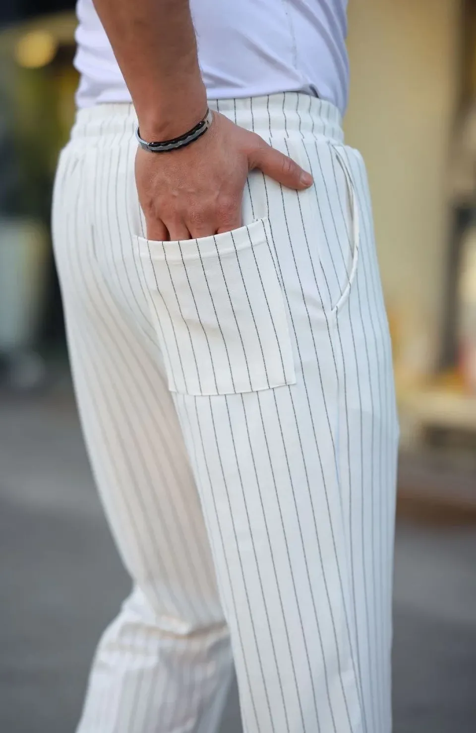 Erkek Cizgili Dokuma Krep Jogger Buggy Pantalon Rahat kalıp - Beyaz Somersan Giyim | Kadın, Erkek ve Çocuk Moda