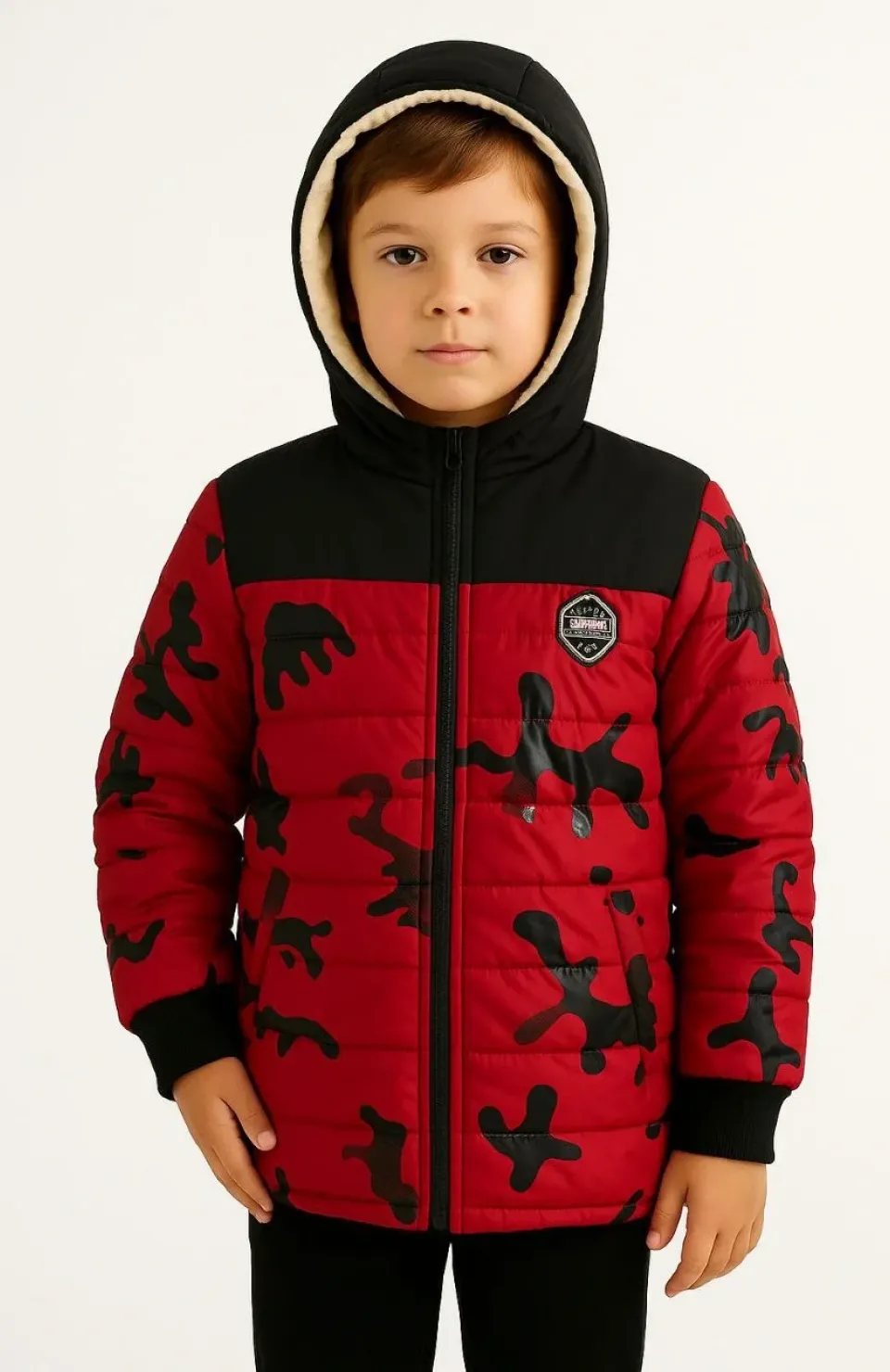 Erkek Çocuk Kamuflaj Desenli Mont İçi Sıcak Tutan Pelüş Astarlı, Kapüşonlu, Fermuarlı Kışlık Su İtici Şişme Mont - Kırmızı Somersan Giyim | Kadın, Erkek ve Çocuk Moda