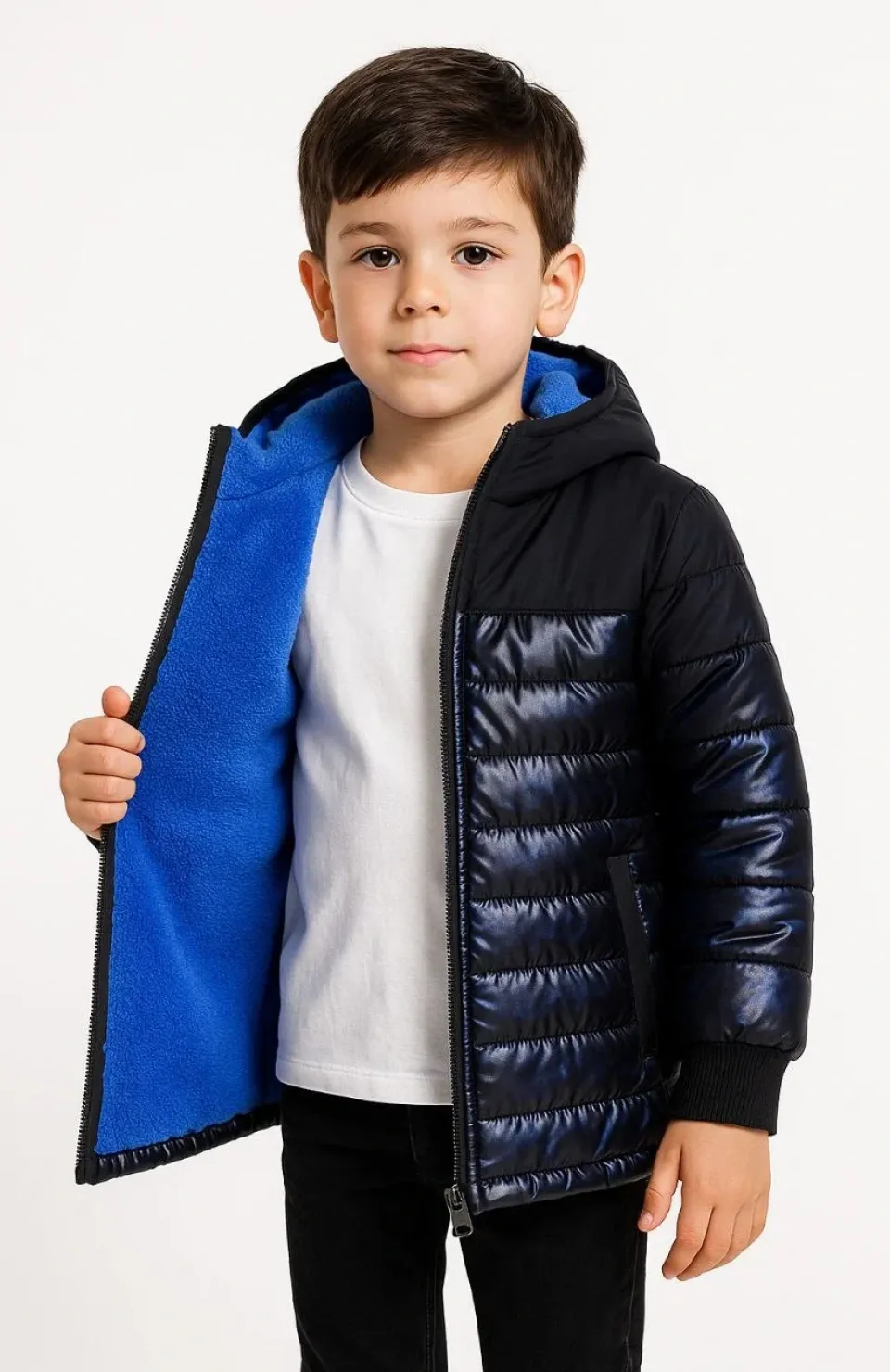 Erkek Çocuk Kamuflaj Desenli Mont İçi Sıcak Tutan Pelüş Astarlı, Kapüşonlu, Fermuarlı Kışlık Su İtici Şişme Mont - Lacivert Somersan Giyim | Kadın, Erkek ve Çocuk Moda