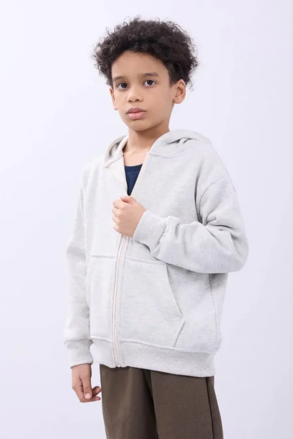 Erkek Çocuk Kapüşonlu Kanguru Çepli Tam Fermuarlı Hırka SweatShirt - Gri